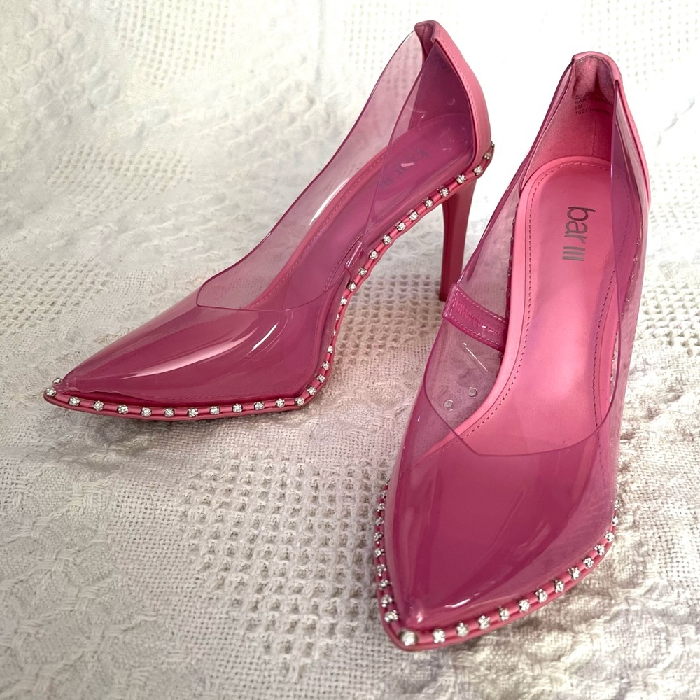 Bar III Binsa Pink Heels Vegan Leather & Pink Clear Vinyl Rhinestone Trim Size 9